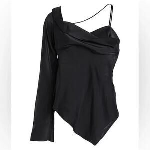 Topshop Black Satin Cowl Neck One Shoulder Flare Sleeve Asymmetrical Blouse Sz 4